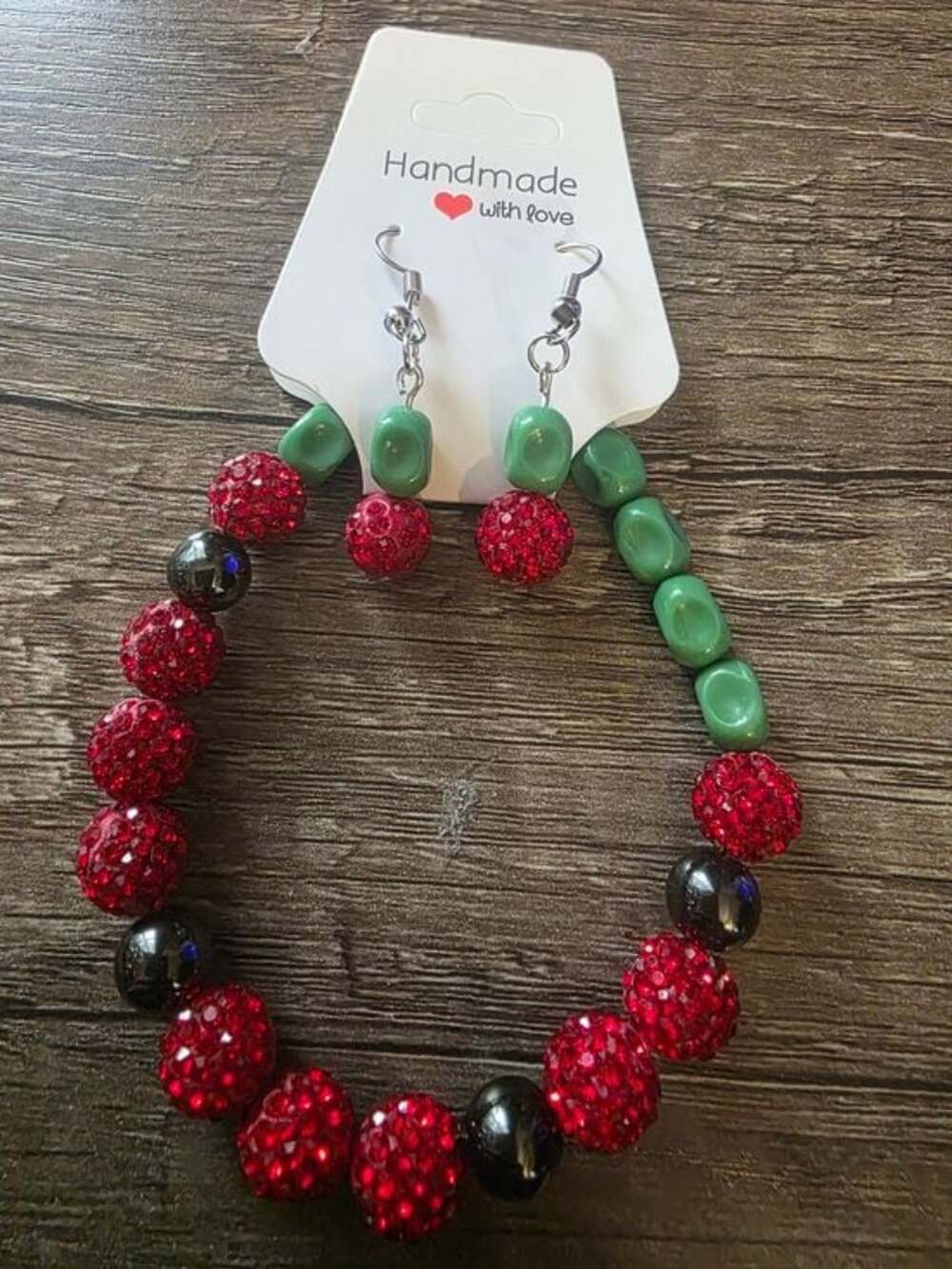 Handmade Watermelon Red Rhinestone Green Beaded Bracelet Earrings Set